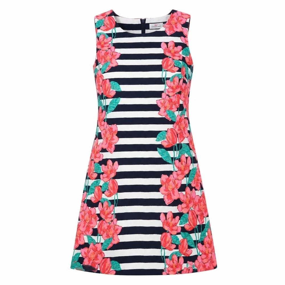 Vineyard Vines Dress Womens 6 Navy White Magnolia Striped‎ Floral Preppy Coastal
